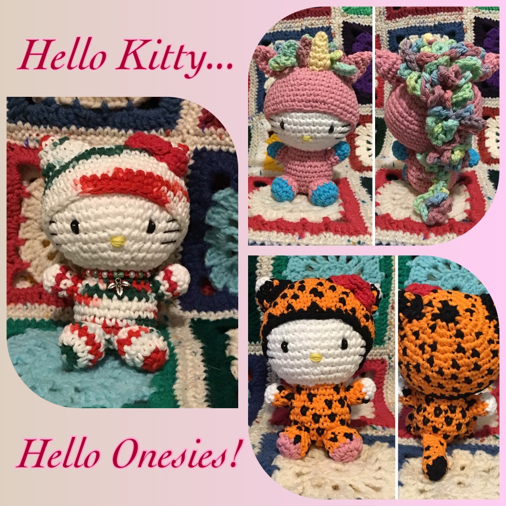 Hello kitty in Christmas, unicorn, and cheetah outfits