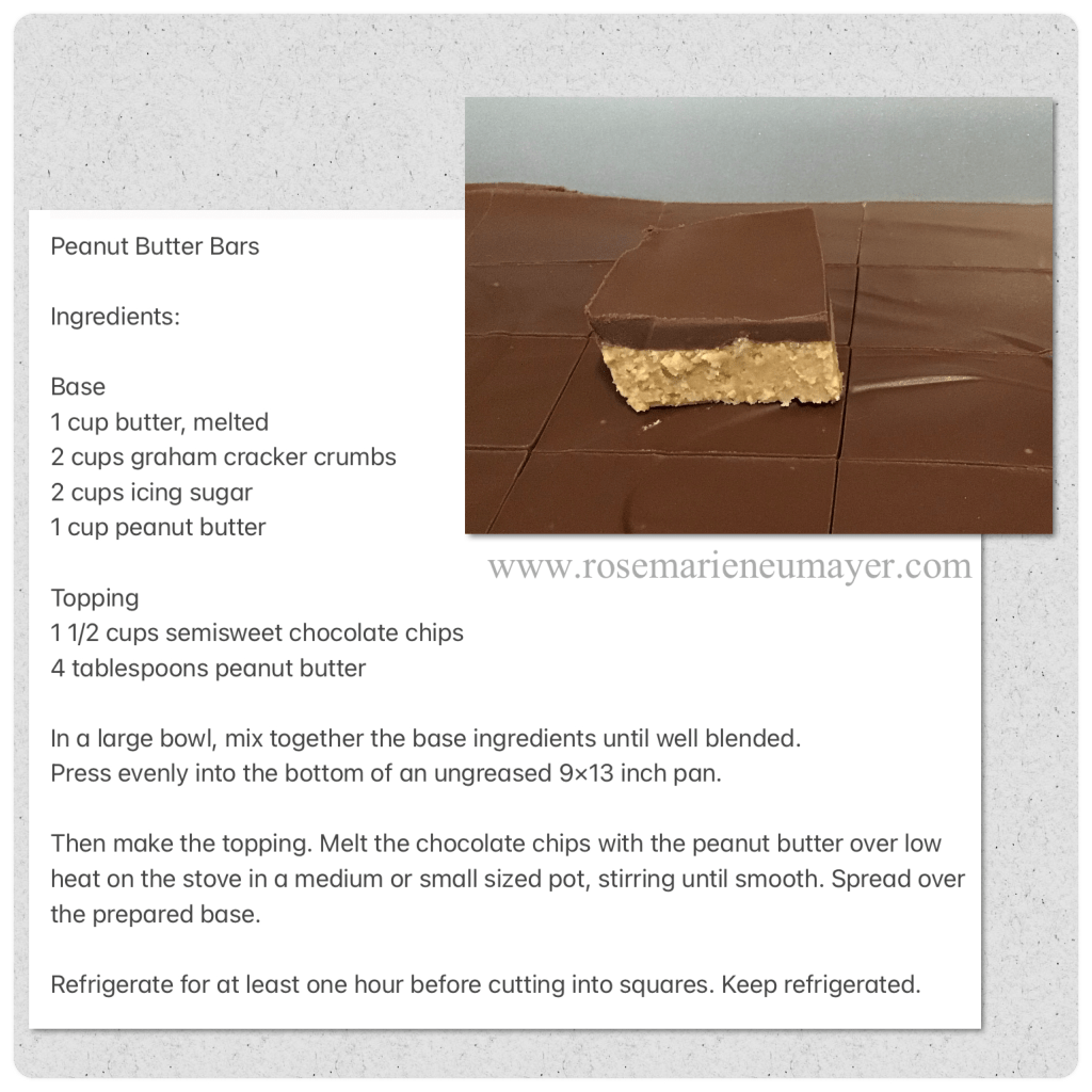 Peanut Butter Bars

Ingredients:

Base
1 cup butter, melted
2 cups graham cracker crumbs
2 cups icing sugar 
1 cup peanut butter

Topping
1 1/2 cups semisweet chocolate chips
4 tablespoons peanut butter

In a large bowl, mix together the base ingredients until well blended.
Press evenly into the bottom of an ungreased 9×13 inch pan.

Then make the topping. Melt the chocolate chips with the peanut butter over low heat on the stove in a medium or small sized pot, stirring until smooth. Spread over the prepared base.

Refrigerate for at least one hour before cutting into squares. Keep refrigerated.
