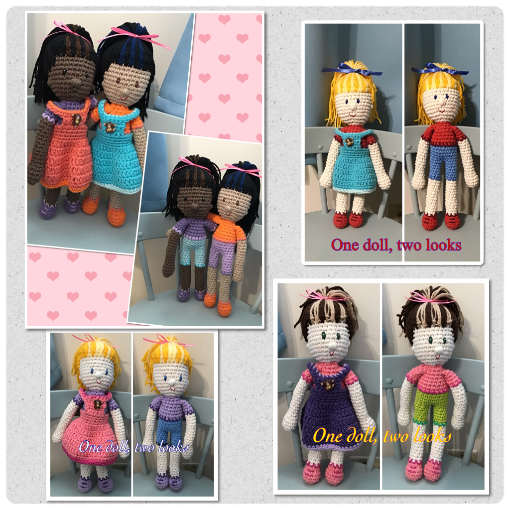 Girl dolls in lots of colours and outfits. One doll, two looks. Dolls have 5-shirt and shorts then a dress to change it up