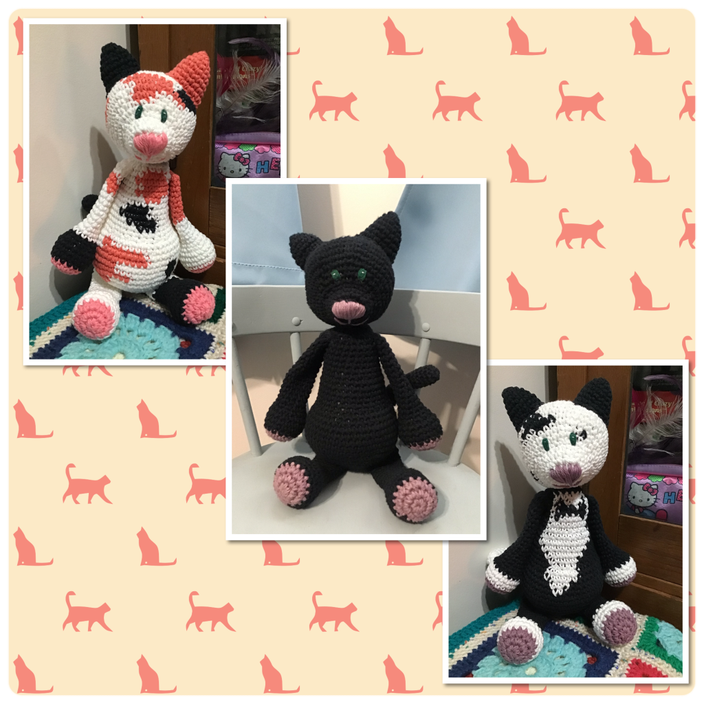 Crochet stuffie cats (calico, black, and tuxedo)