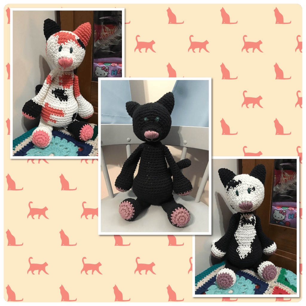 Crochet stuffie cats (calico, black, and tuxedo)