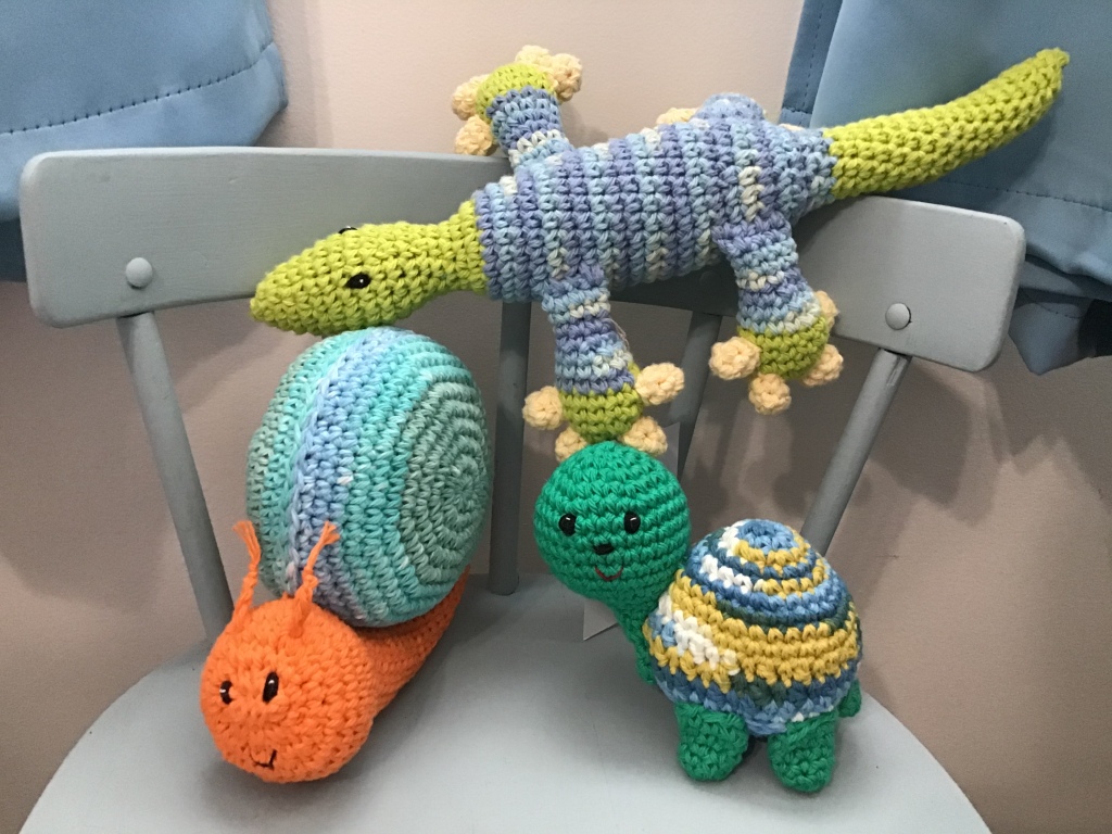 Crochet snail, lizard and turtle