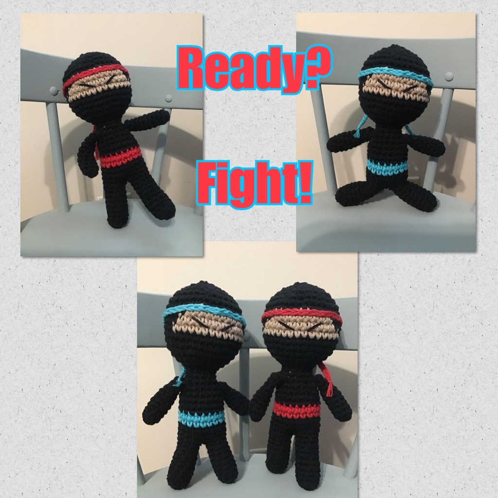 Ninja stuffie dolls. Text "Ready? Fight!"
