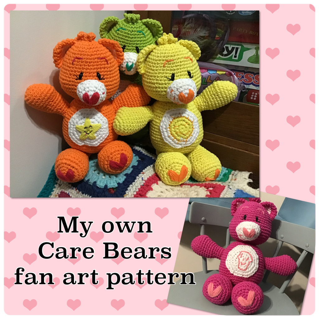 Care Bears sitting on a crochet blanket, lime, yellow, and orange bears