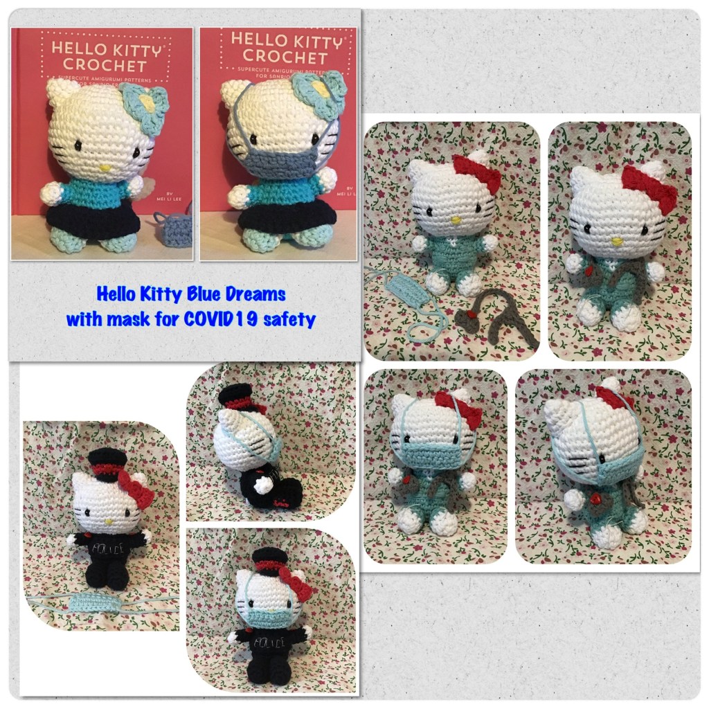 Hello Kitty in blue, doctor, and police outfits