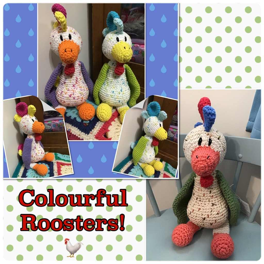 Colourful rooster stuffies