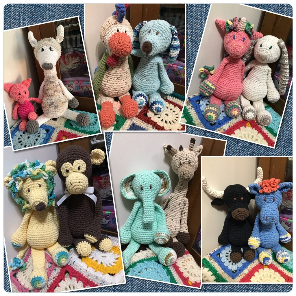 Collage of lots of crochet stuffed animals (piggy, llama, rooster, pup, unicorn, bunny, lion, monkey, elephant, giraffe, water Buffalo, pony)