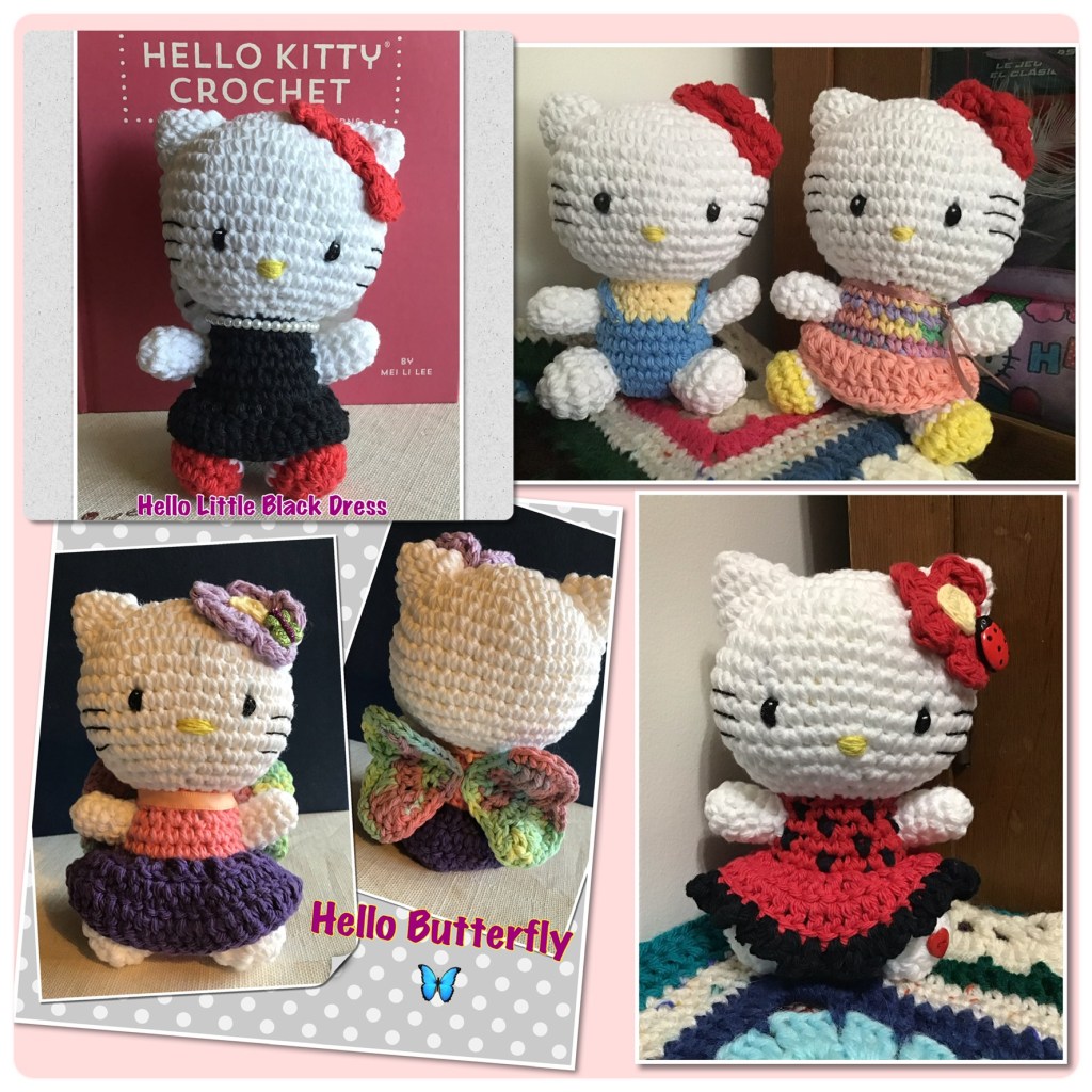 Hello kitty in little black dress, overalls, skirt, butterfly, and lady bug outfits