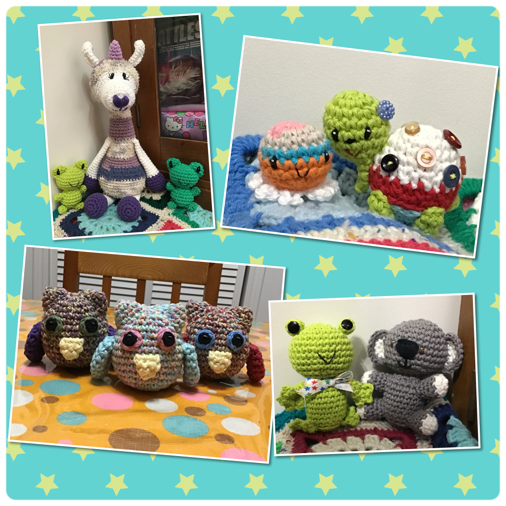 Collage of lots of crochet stuffed animals (llama, frogs, owls, koala, turtle, octopus)