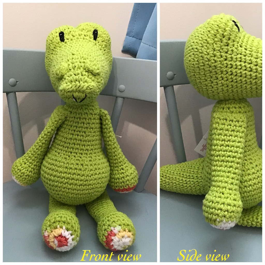 Alligator stuffie with front and side views