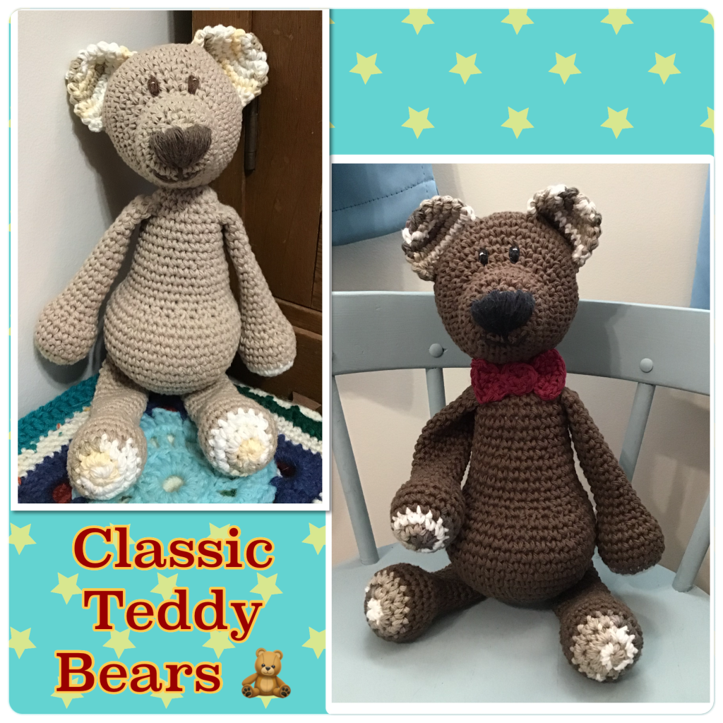 Teddy bear stuffies (a tan bear and a brown with bow tie)