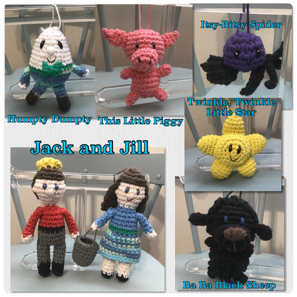 Tiny stuffies of nursery rhymes. Humpty Dumpty, this little piggy, itsy-bisty spider, twinkle, twinkle, little star, Jack and Jill, and ba ba black sheep