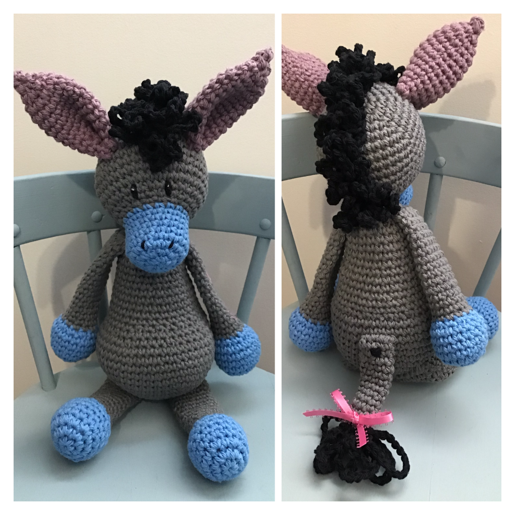Donkey stuffie, with "Eeyore" look