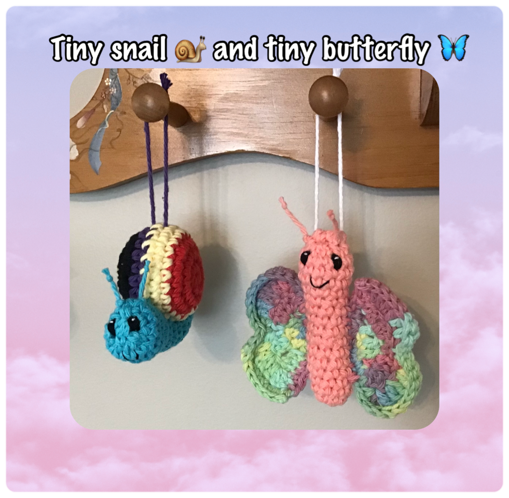 Tiny snail and butterfly stuffies