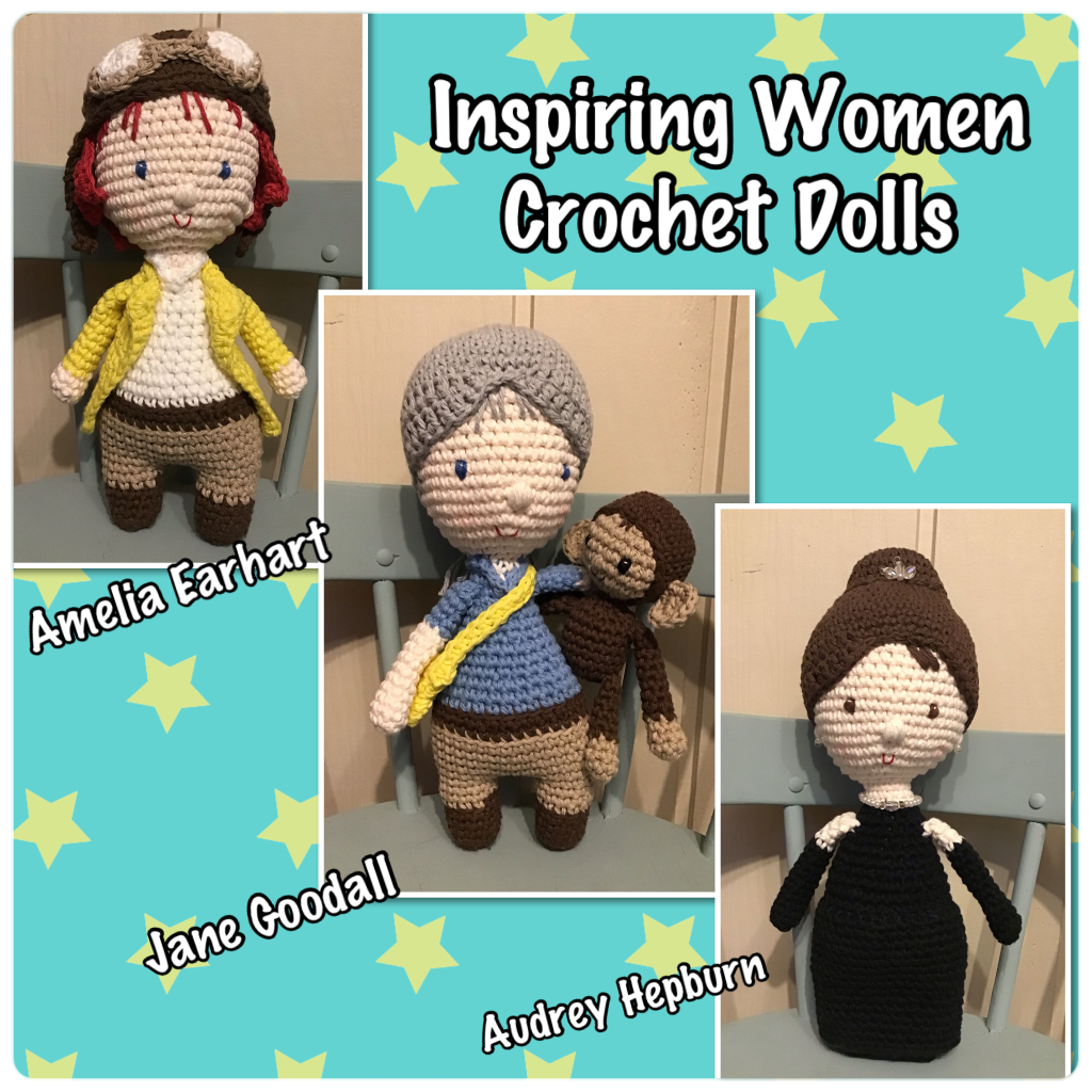 Inspiring women dolls, Amelia Earhart, Jane Goodall, and Audrey Hepburn
