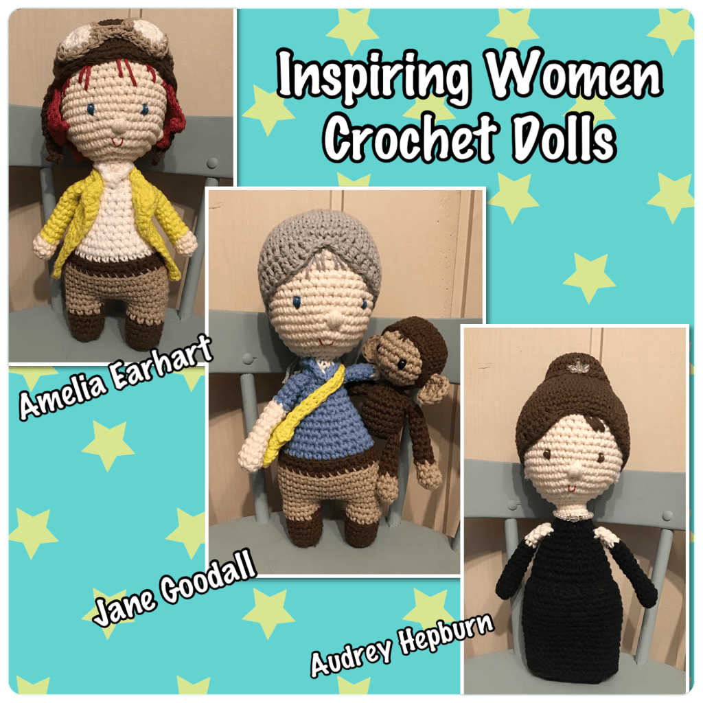 Inspiring women dolls, Amelia Earhart, Jane Goodall, and Audrey Hepburn