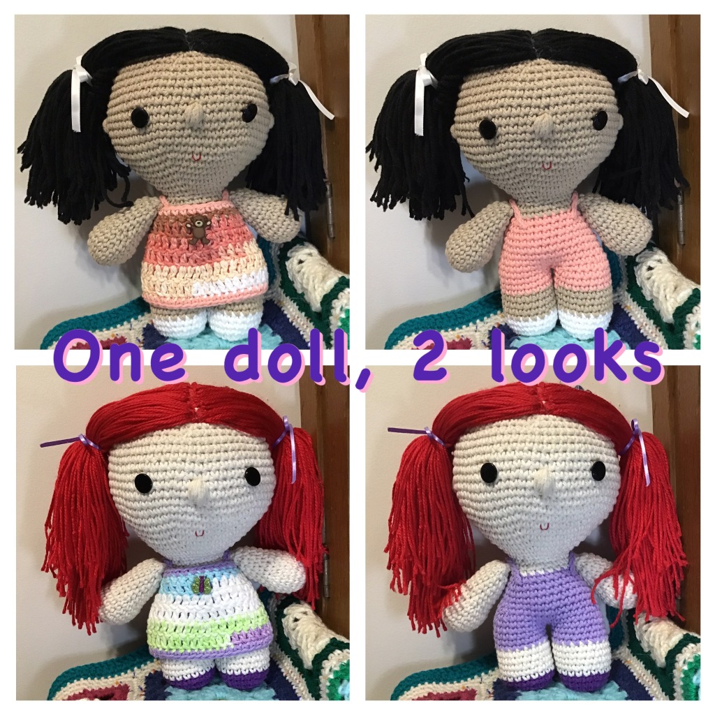 2 big headed dolls in "one doll, two looks" style. These have overalls and a wrap dress