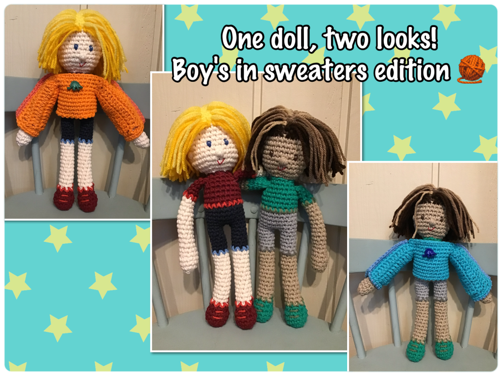 Boy dolls in "one doll, two looks". Dolls have t-shirt and shorts then a sweater to change it up