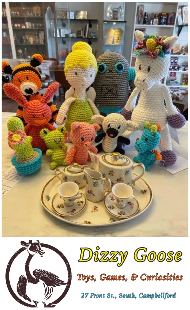 Picture of stuffies in at the dizzy goose. Tiger, fairy, robot, unicorn, etc.