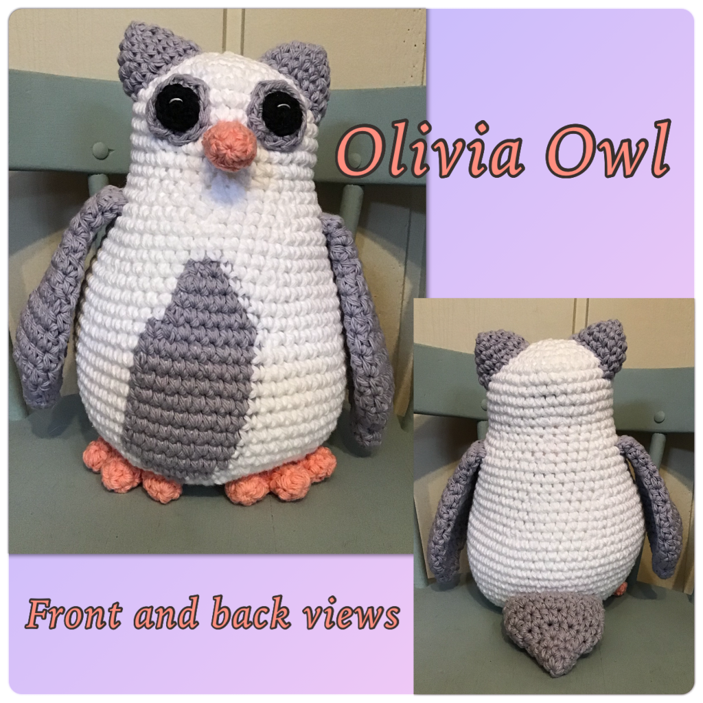 Plump owl stuffie named Olivia. Front and back views in a college