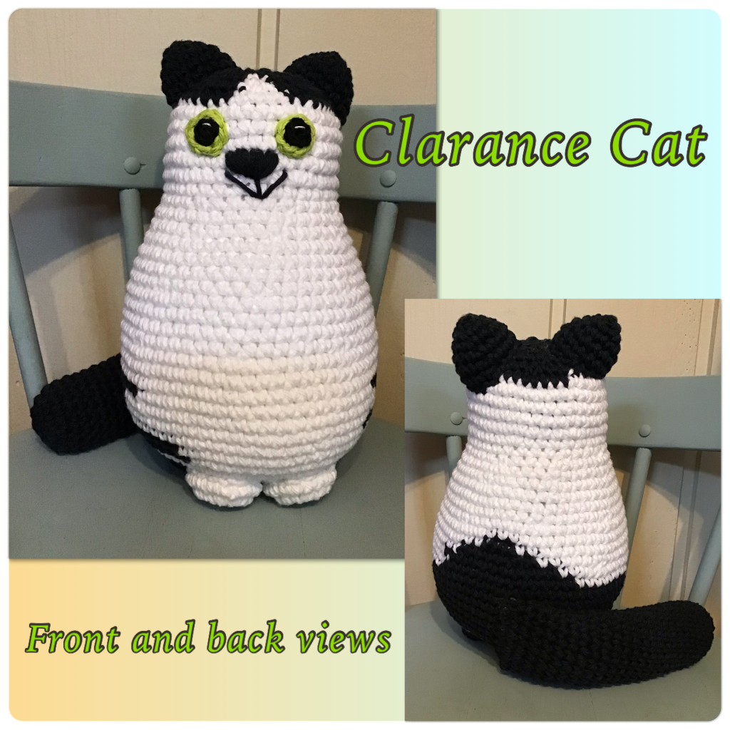 Black and white plump cat named Clarance