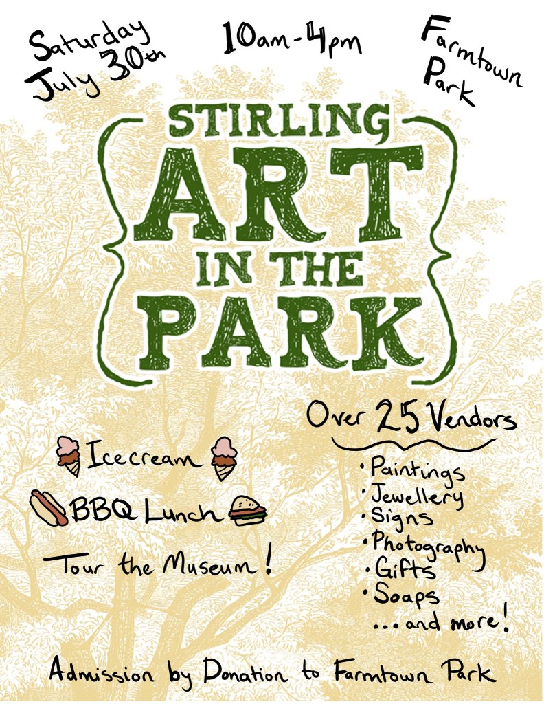 Stirling art in the park. 10 am to 4pm. Admission by donation to Farmtown Park (also location of event). Family event. Ice cream!