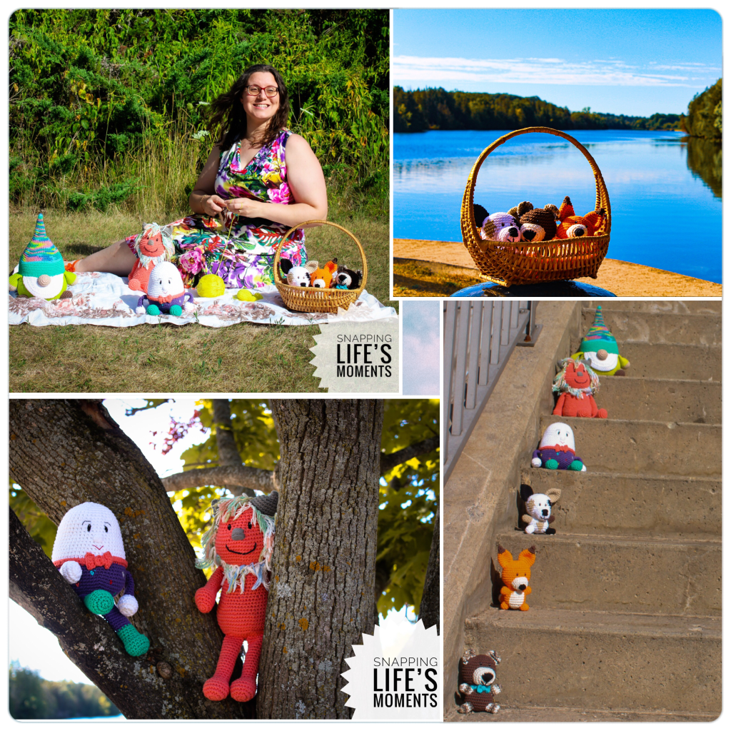 4 pictures. One of me and my stuffies sitting and the others of the stuffies having fun. In a basket, in a tree and on the steps.