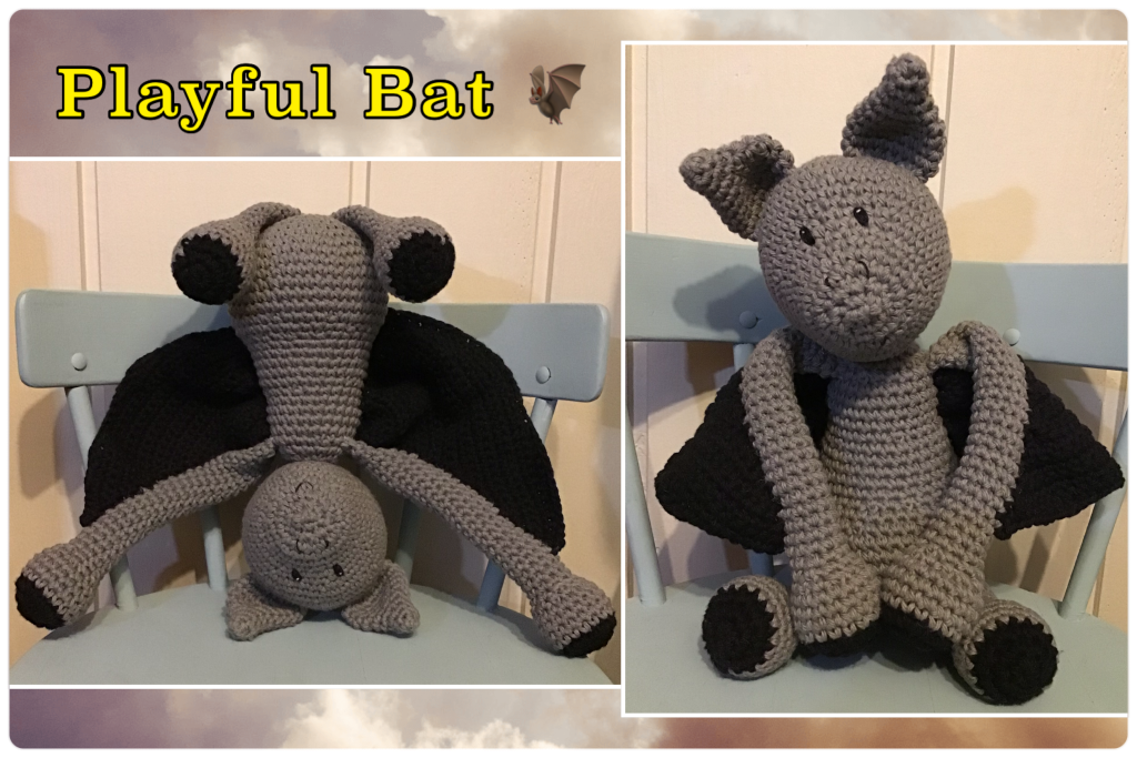 Large bat stuffie in grey and black. Text reads "playful bat"