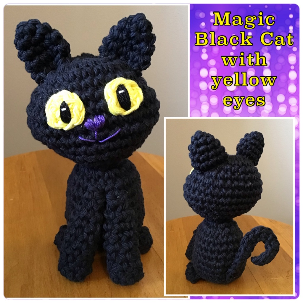 Black cat with yellow eyes, stuffie
