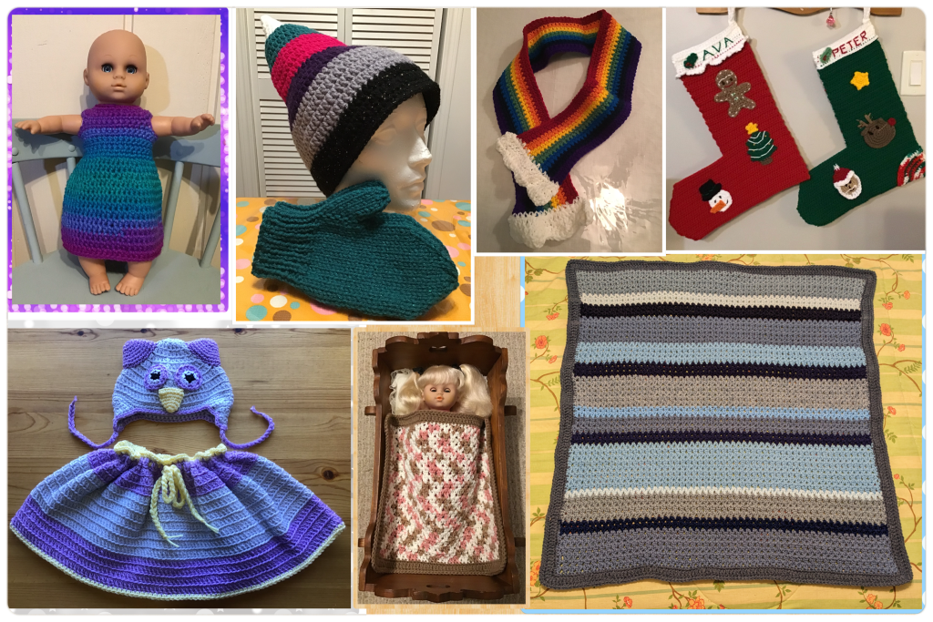 Baby doll in a crochet dress, hat and mitts, rainbow scarf, Christmas stockings, baby owl hat and shawl, crib with doll and crochet doll blanket, baby/lap blanket