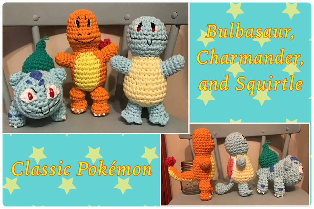 Bulbasaur, Charmander, and Squirtle stuffies