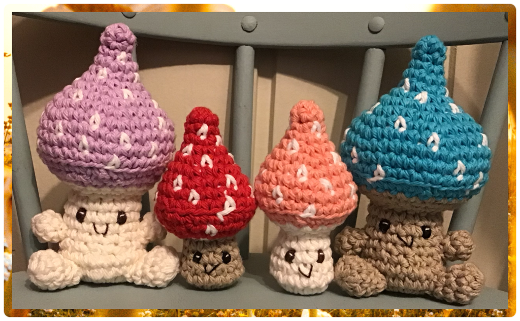 Two "mushroomlings" and two tiny mushrooms. My own pattern