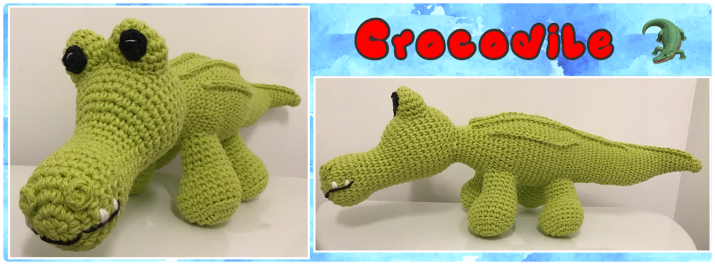 Crocodile in lime, front and side views from the pattern book "Crochet one-skein wonders"