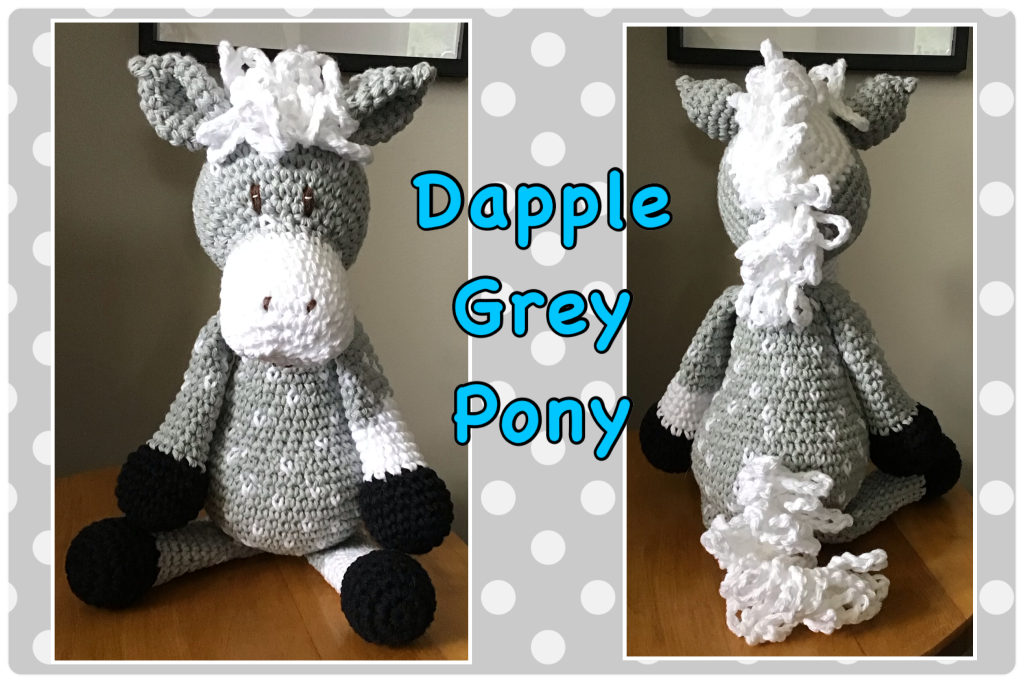 Front and back views of the dapple grey pony stuffie