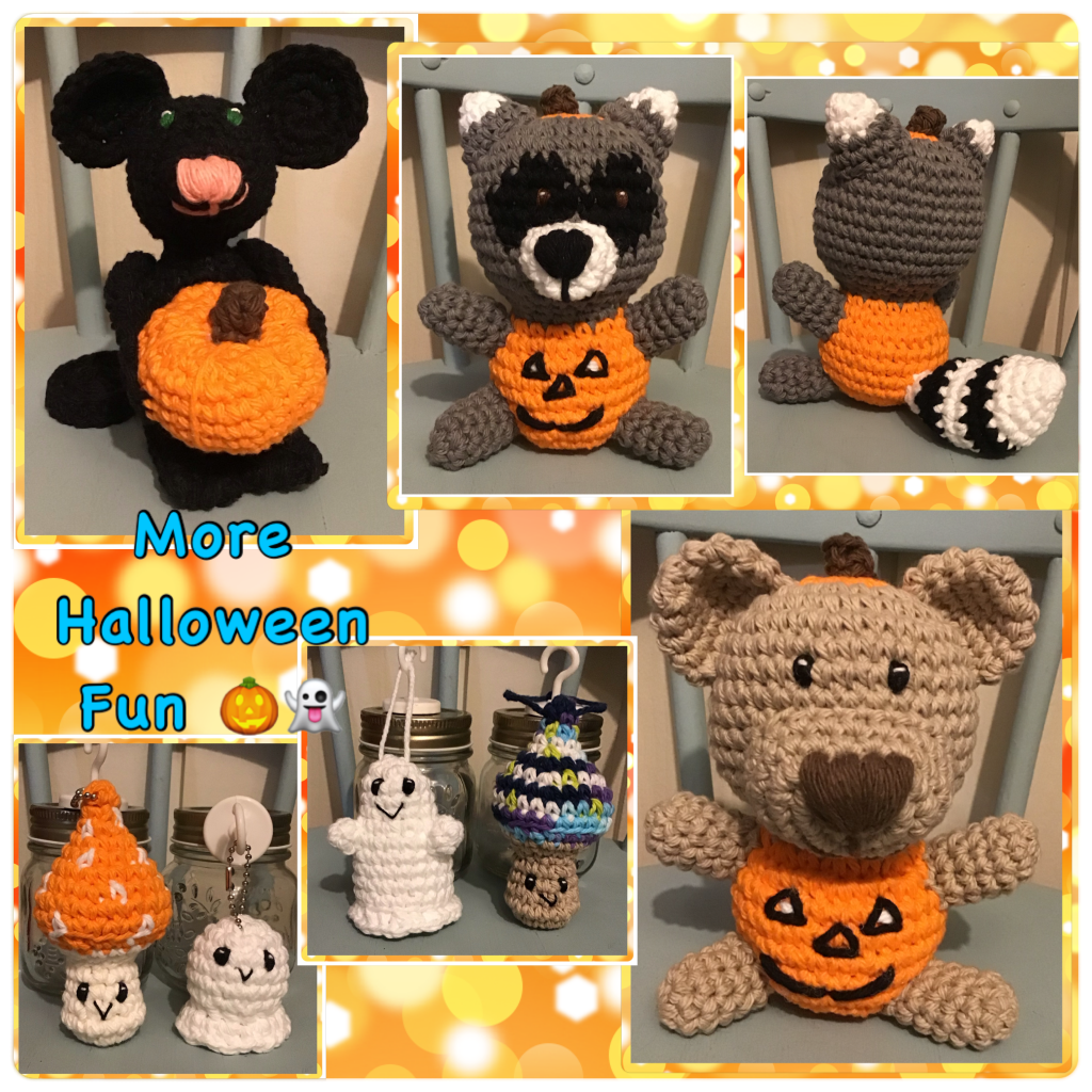 More halloween fun with a black mouse holding a pumpkin, racoon and teddy in jack-o-lantern costumes, mushroom and ghost key chains and ghost and mushroom decorations