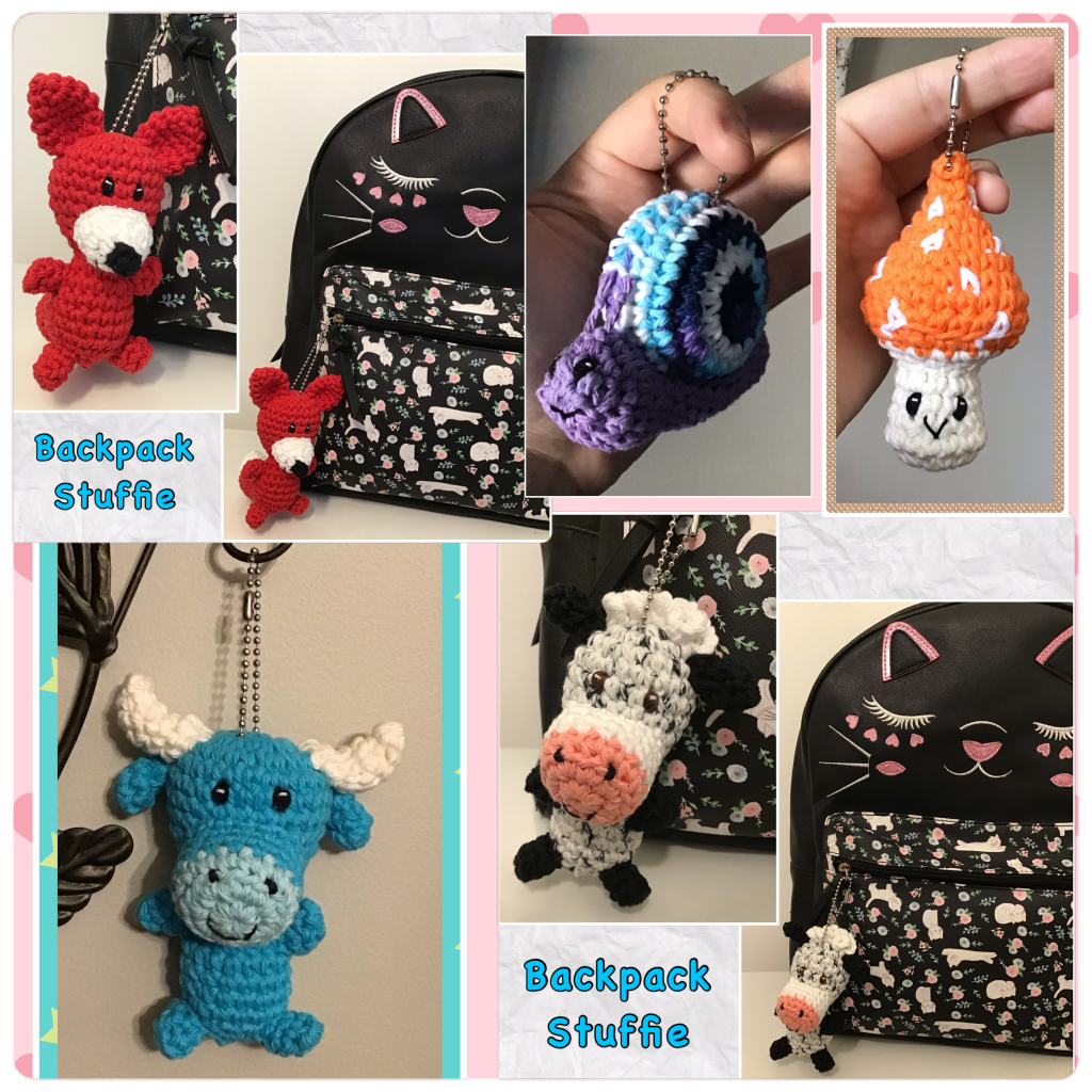 Tiny backpack stuffies! All of my "tiny" stuffies can now be made with a keychain (ball and clasp) sewing right in. These are a sample. Fox, snail, mushroom, water buffalo, and cow