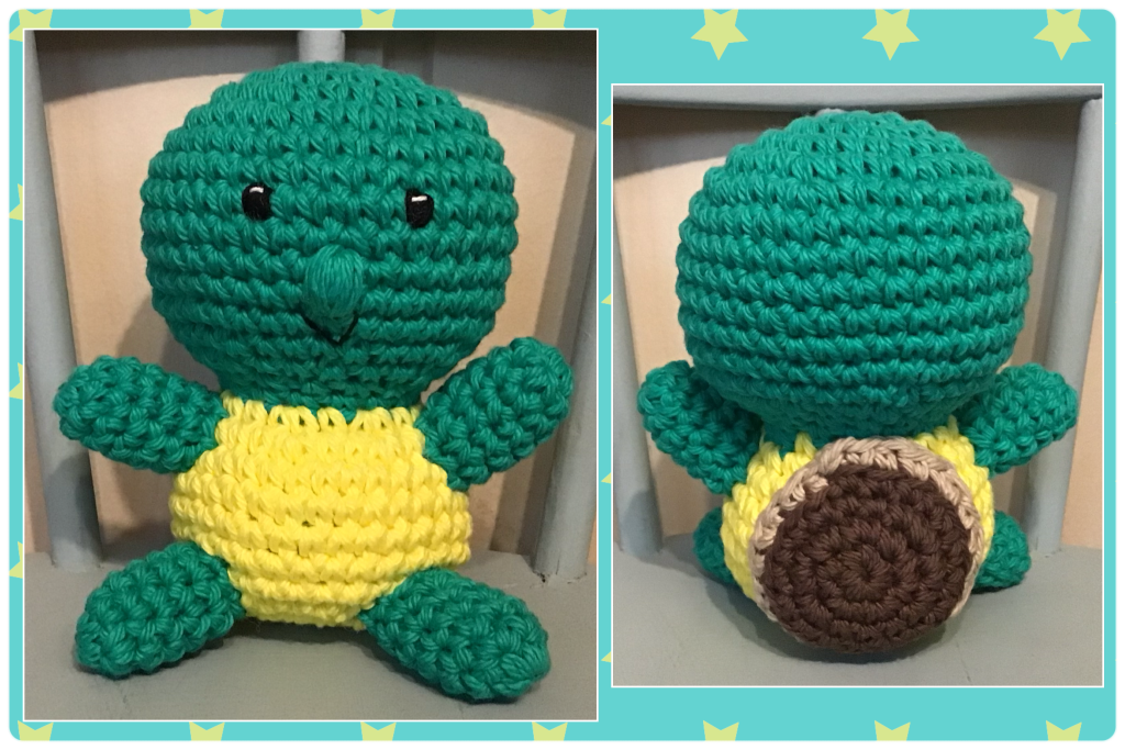 College on stary background of a turtle stuffie. Front and back views