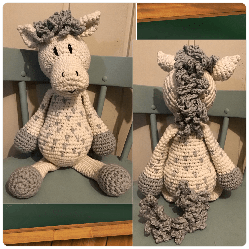 Front and back views of the old pony in a college with green and brown background. The old pony is off white in colour with grey accents