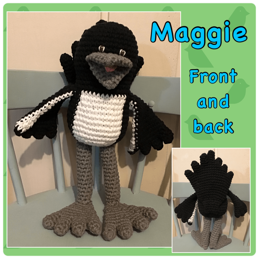 College of front and back views of "Maggie". The background is green with birds 