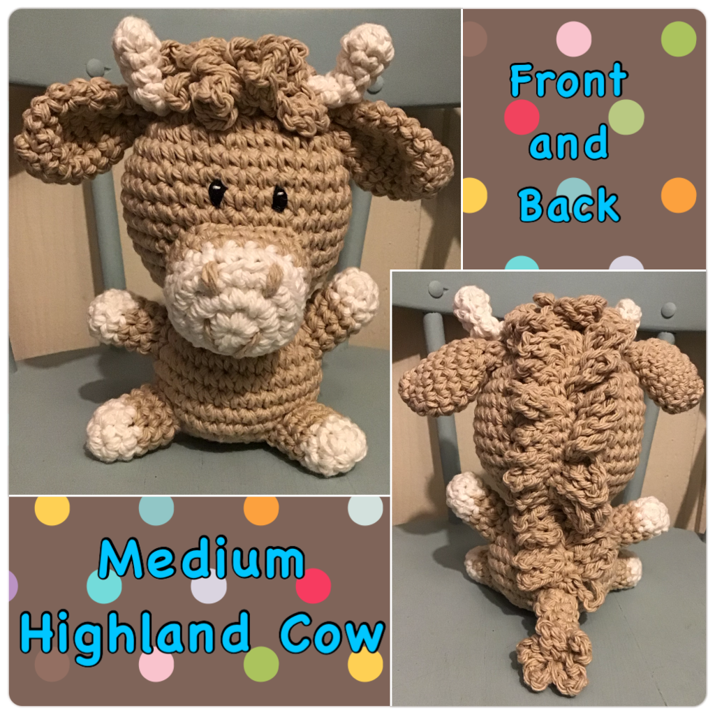 Tan highland cow college with front and back views. The back is shaggy. The background has coloured circles on brown backdrop
