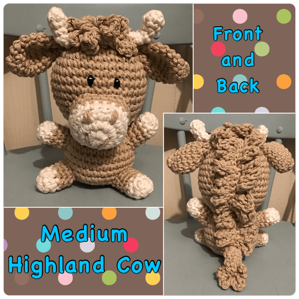 Tan highland cow college with front and back views. The back is shaggy. The background has coloured circles on brown backdrop