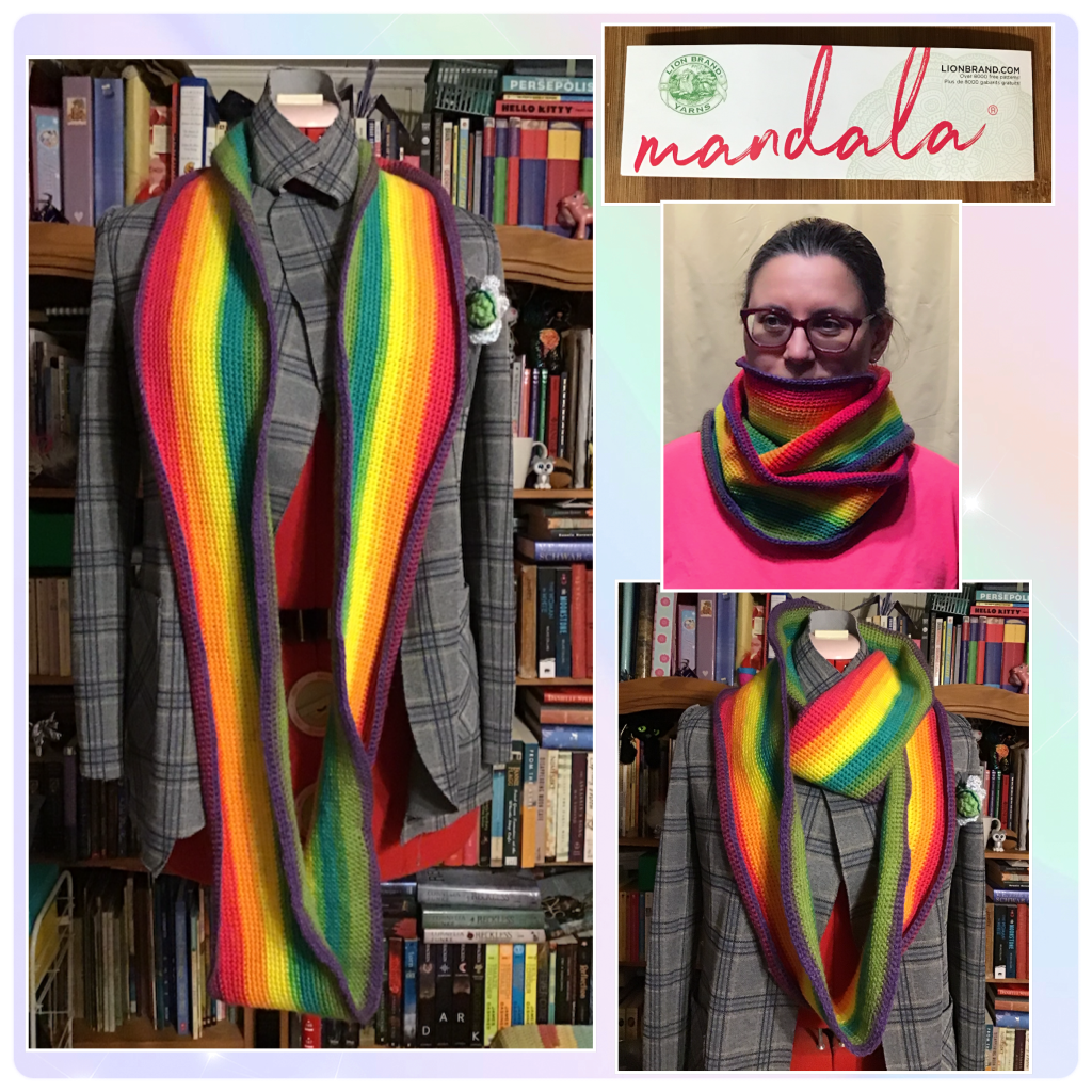 A collage of pictures of the scarf. One is the scarf hanging long on my dress makers dummy, one is it wrapped up two times on that same dummy. Then one is it wrapped 3 times around my neck (super warm mode). Then there is a picture of the ball of yarns' wrapper.