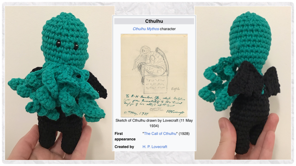 A Cthulhu stuffie in green and black. This is a man, octopus, dragon combo. The collage shows the front view, an drawing of the author and the 3/4 view of my stuffie too
