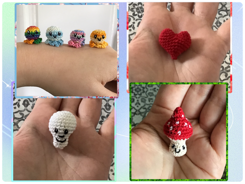 Micro crochet with size 10 crochet thread and a 1.25mm hook. Left to right, top to bottom are: Baby octopus, heart, skull, and mushroom