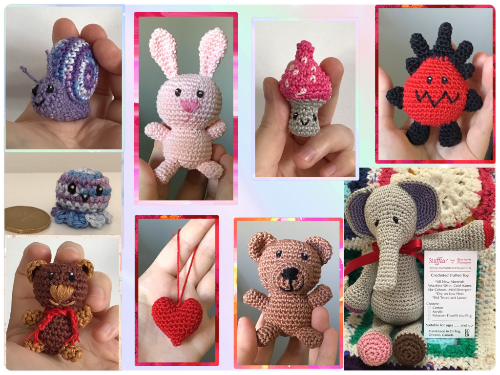 Mini crochet. This is done with a light weight cotton yarn and a 2.50mm hook. Left to right, top to bottom are: snail, bunny, mushroom, evil radish monster, baby octopus, tiny teddy, heart, teddy, ed'd elephant with my care tag
