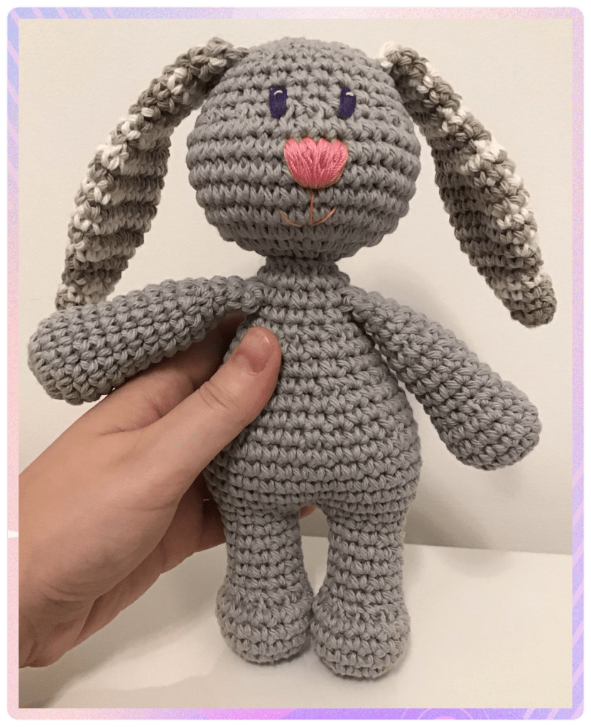 Laura the bunny is grey with a grey and white mix for her ears. She is being held up to the camera