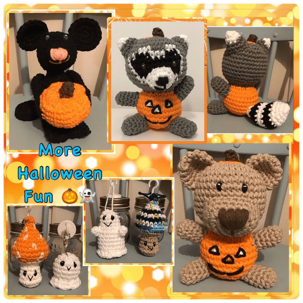 More halloween fun with a black mouse holding a pumpkin, racoon and teddy in jack-o-lantern costumes, mushroom and ghost key chains and ghost and mushroom decorations