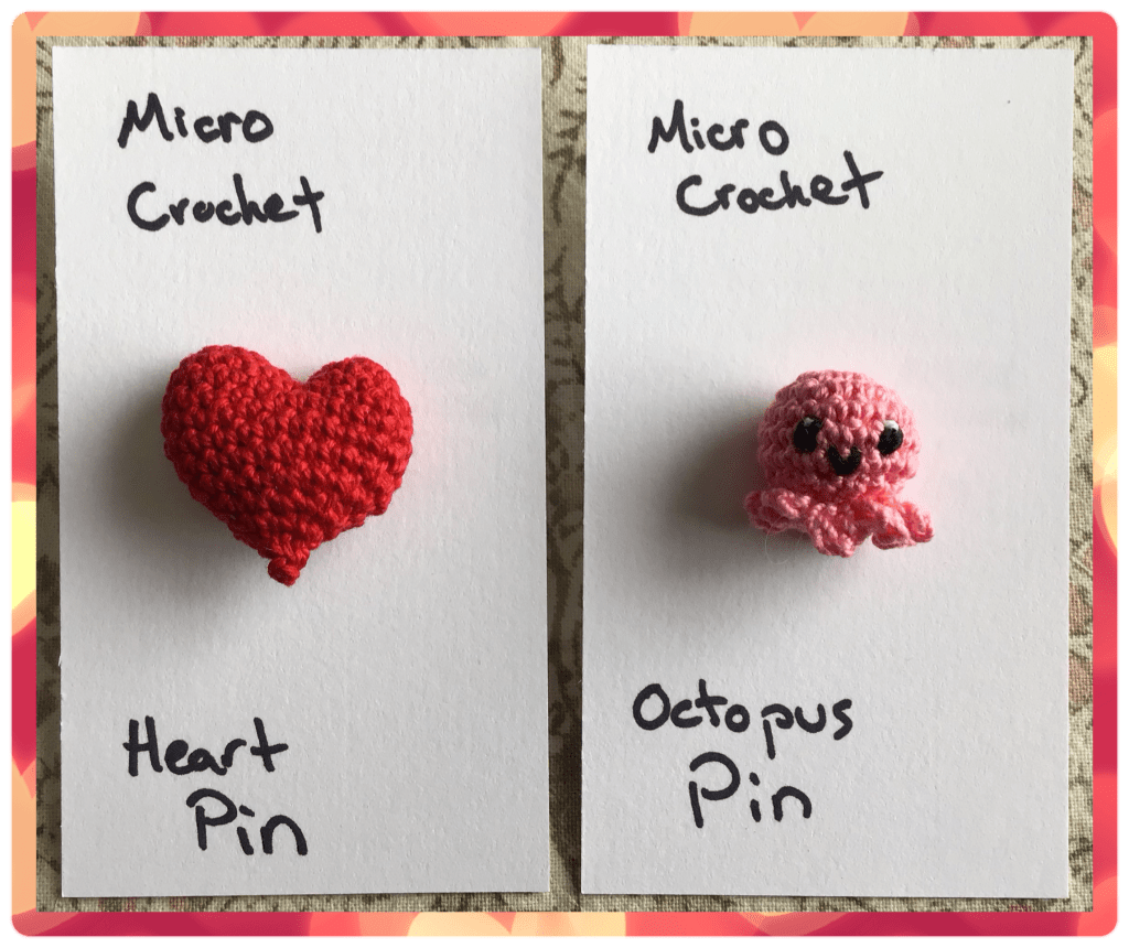 Micro crochet pins on cards.
