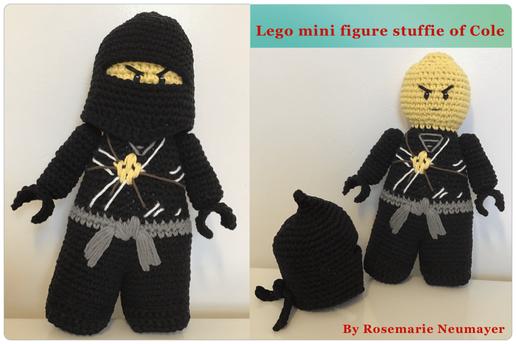 Two pictures of Cole. One with his ninja mask on and the other with it off. Text reads: Lego mini fugure stuffie of Cole and my website