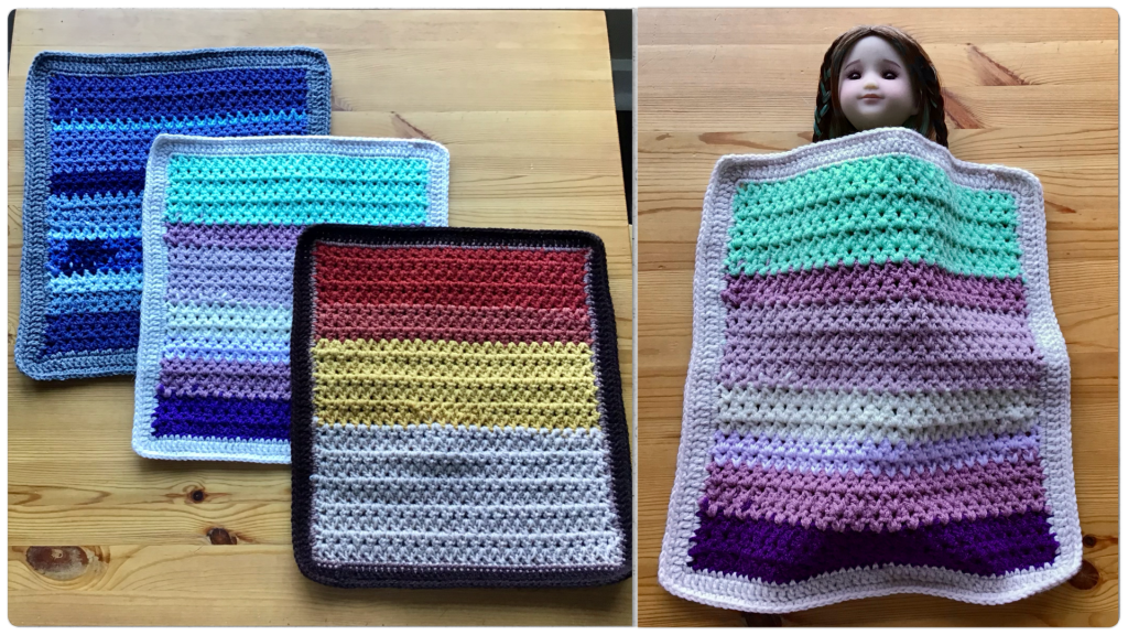 3 doll blankets and a picture of a doll using one of the blankets to keep cozy